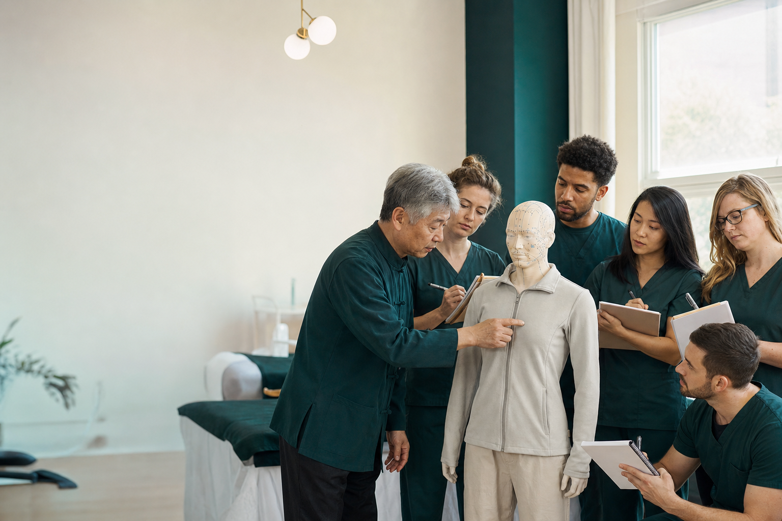 Acupuncture students learning clinical point location with an instructor