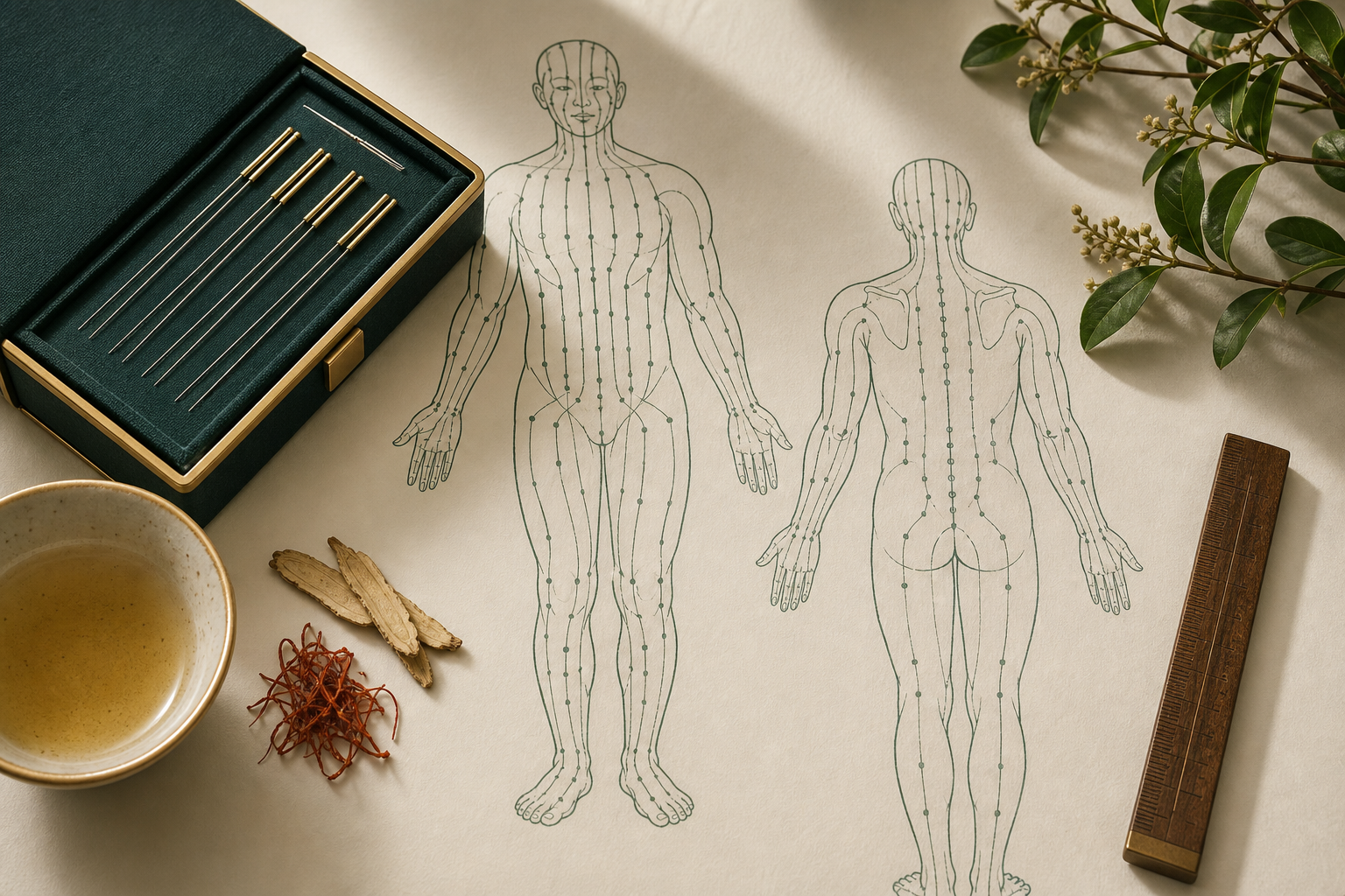 Unlabeled acupuncture meridian study drawing with acupuncture tools and herbs